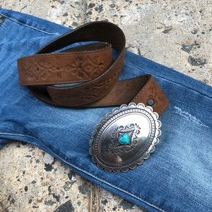Justin Leather Belt with Turquoise-Silver Buckle